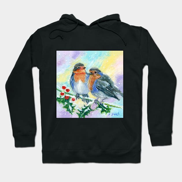 Robins on a holly branch Hoodie by sonia finch